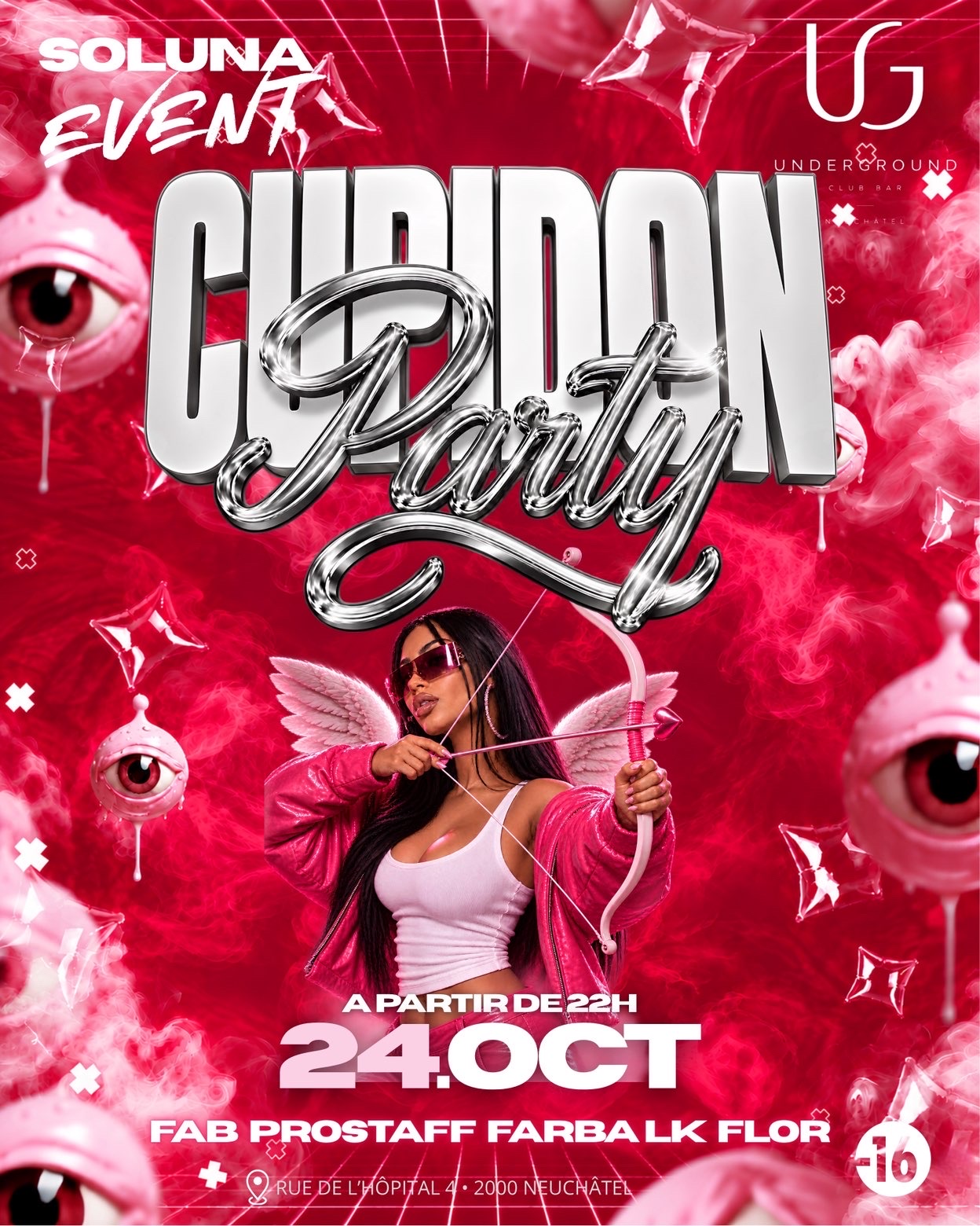 Affiche Cupidon Party — Soluna Event x Underground Club Bar, Neuchâtel, 24 octobre